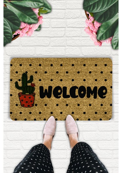 Welcome Temalı Saksılı Kaktüs Coco Görünümlü Iç Mekan ve Kapı Önü Paspası