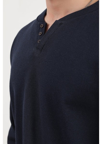 Erkek V Yaka Düğme Detaylı Dokulu Sweatshirt Lacivert - 5524 fiyatları