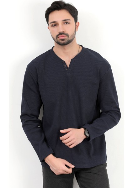 Erkek V Yaka Düğme Detaylı Dokulu Sweatshirt Lacivert - 5524 modelleri
