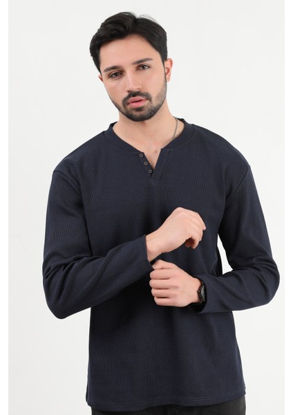 Erkek V Yaka Düğme Detaylı Dokulu Sweatshirt Lacivert - 5524 fırsatları