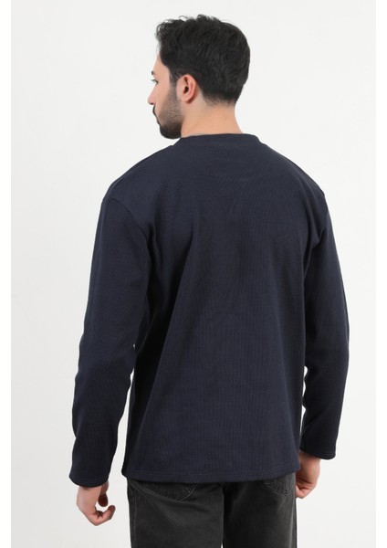Erkek V Yaka Düğme Detaylı Dokulu Sweatshirt Lacivert - 5524 indirimleri