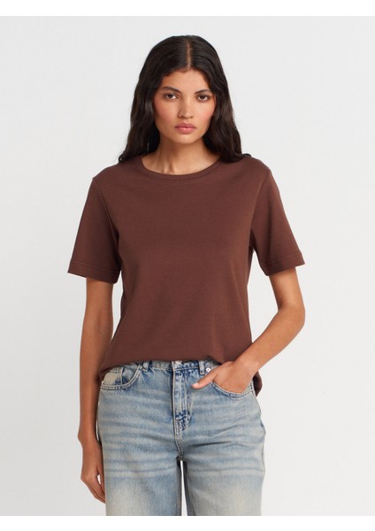 31763 Bisiklet Yaka T-Shirt-Açık Kahve