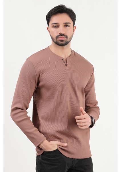 Erkek V Yaka Düğme Detaylı Dokulu Sweatshirt Koyu Bej - 5524