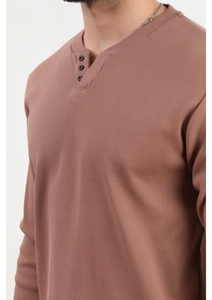 Erkek V Yaka Düğme Detaylı Dokulu Sweatshirt Koyu Bej - 5524 fiyatları