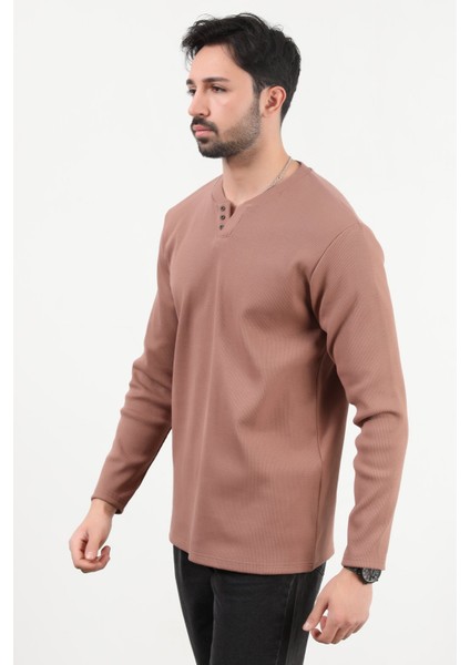 Erkek V Yaka Düğme Detaylı Dokulu Sweatshirt Koyu Bej - 5524 modelleri