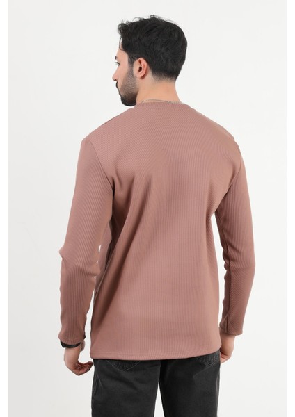 Erkek V Yaka Düğme Detaylı Dokulu Sweatshirt Koyu Bej - 5524 fırsatları