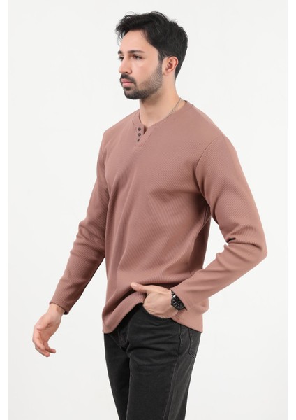 Erkek V Yaka Düğme Detaylı Dokulu Sweatshirt Koyu Bej - 5524 indirimleri