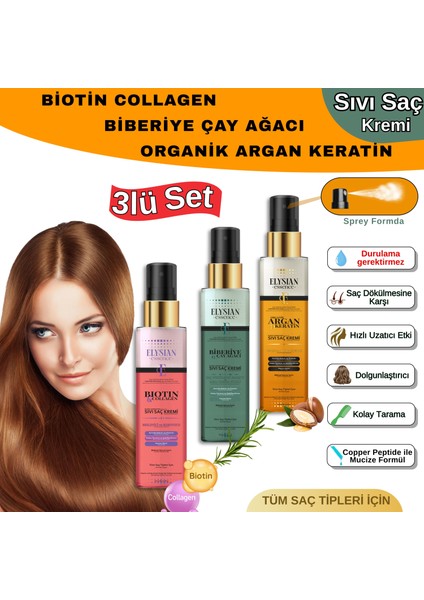 3’lü Sıvı Saç Kremi Seti - Biotin & Collagen - Organik Argan & Keratin - Biberiye & Çay Ağacı Durulanmayan Bakım Spreyi
