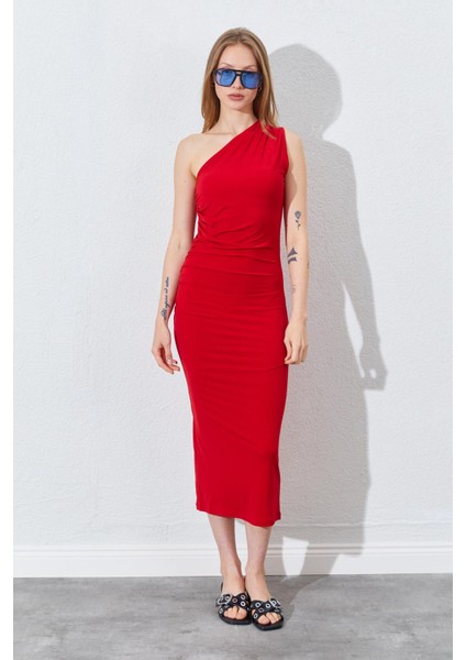 Kadın Kırmızı Tek Omuz Yanı Drapeli Sandy Elbise