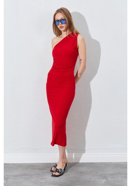 Kadın Kırmızı Tek Omuz Yanı Drapeli Sandy Elbise fiyatları
