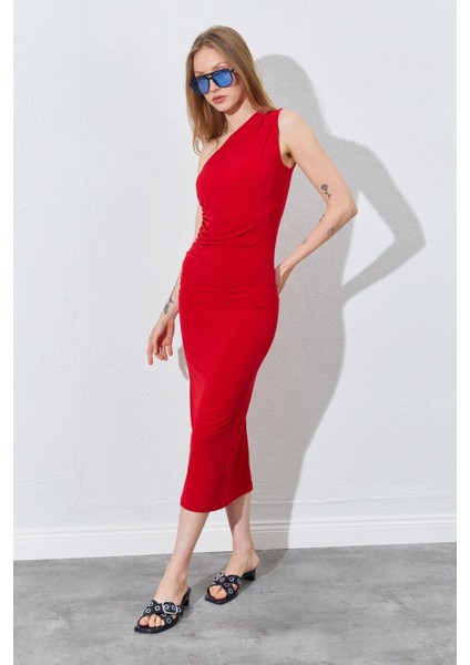 Kadın Kırmızı Tek Omuz Yanı Drapeli Sandy Elbise modelleri