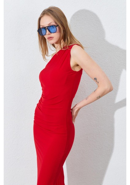 Kadın Kırmızı Tek Omuz Yanı Drapeli Sandy Elbise fırsatları