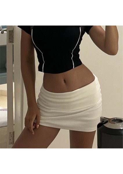 Beyaz Katlanmış Belli Şortlu Mini Etek
