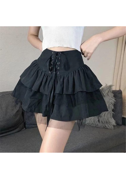 Tek Tarafı Kuşgözlü Tüllü Bağcıklı Siyah Gotik Etek