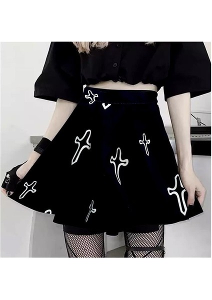 Gothic Cross Siyah Skater Etek
