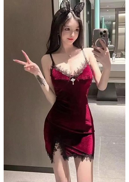 Bordo Gothic Haç Kolyeli Yırtmaç Detaylı Askılı Elbise