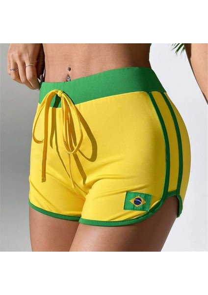 Sarı Vintage Brasil Yeşil Şeritli Biyeli Kısa Şort