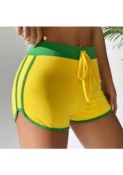 Sarı Vintage Brasil Yeşil Şeritli Biyeli Kısa Şort