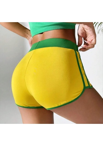 Sarı Vintage Brasil Yeşil Şeritli Biyeli Kısa Şort
