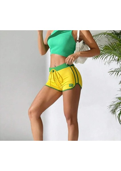 Sarı Vintage Brasil Yeşil Şeritli Biyeli Kısa Şort
