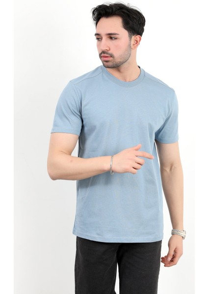 Erkek Bisiklet Yaka %100 Pamuklu Basic T-Shirt Mavi - 2912