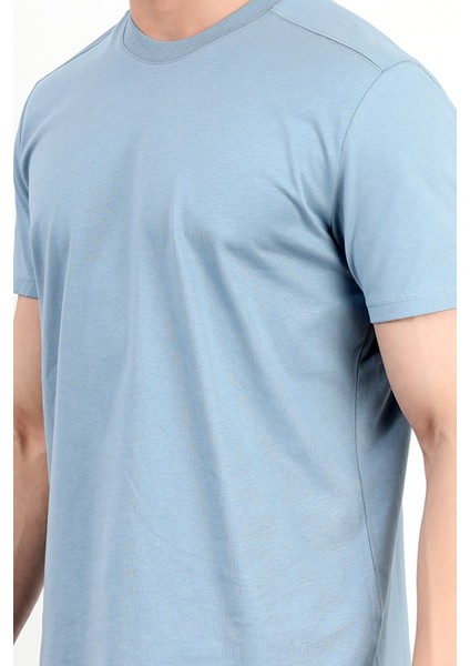 Erkek Bisiklet Yaka %100 Pamuklu Basic T-Shirt Mavi - 2912