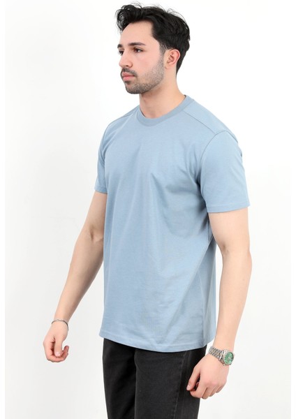 Erkek Bisiklet Yaka %100 Pamuklu Basic T-Shirt Mavi - 2912