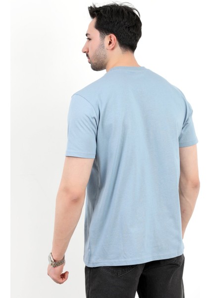 Erkek Bisiklet Yaka %100 Pamuklu Basic T-Shirt Mavi - 2912