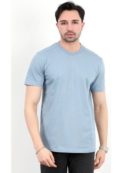 Erkek Bisiklet Yaka %100 Pamuklu Basic T-Shirt Mavi - 2912