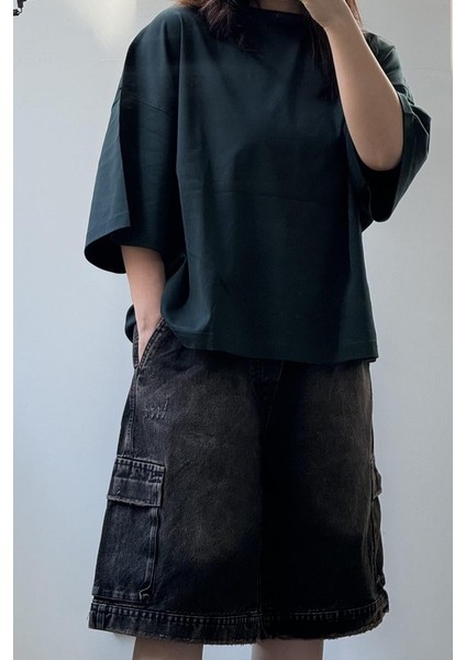 Siyah Bermuda Kargo Cepli Kot Şort