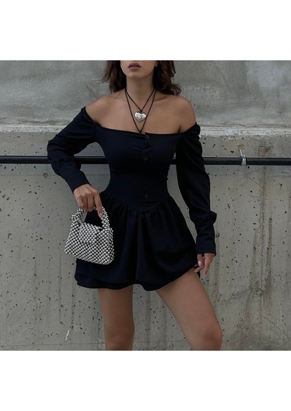 Yeni Siyah Mini Düğmeli Bağcıklı Uzun Kollu Elbise