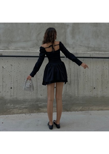 Yeni Siyah Mini Düğmeli Bağcıklı Uzun Kollu Elbise