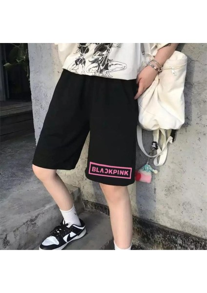 K-Pop Black Pink Pembe Logo Penye Unisex Şort
