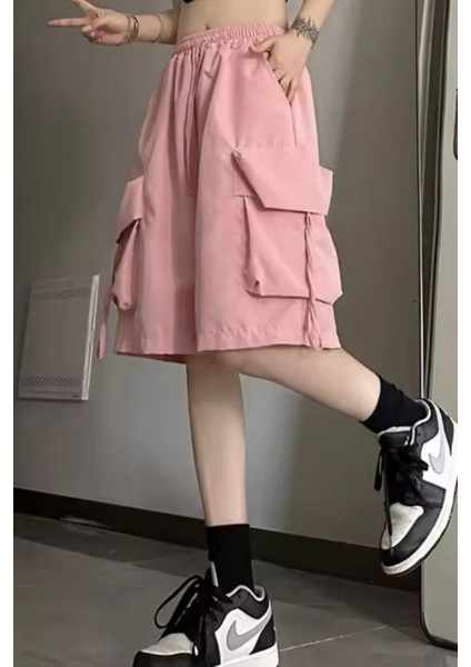 Pembe Cepli Gabardin Kargo Şort