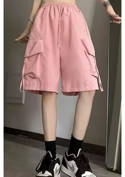 Pembe Cepli Gabardin Kargo Şort
