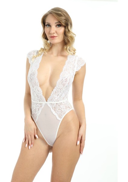 Beyaz Yarım Kol Dantel Bodysuit - 679626-1453