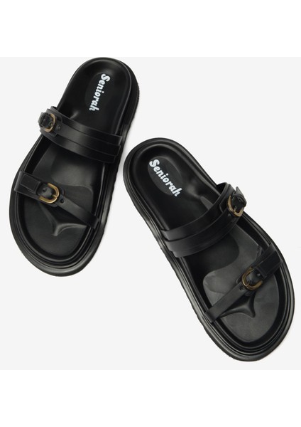 Siyah Cilt Ince Çift Bantlı Kadın Terlik modelleri