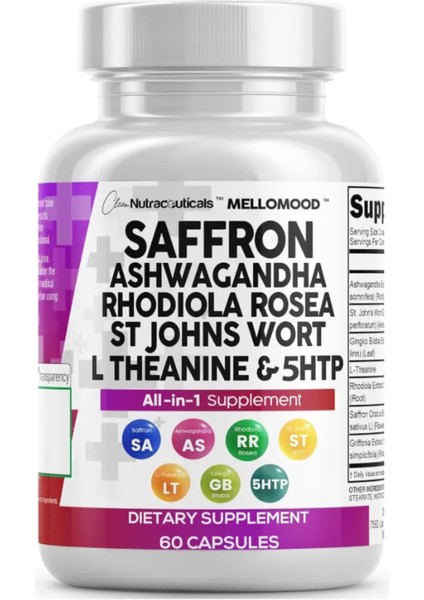 Saffron Supplements With Mood Support With L-Theanine, Ginkgo Biloba, John's Wort 60 Capsules