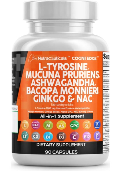 L Tyrosine Mucuna Pruriens Bacopa Monnieri Focus 5-Htp Ginkgo Biloba Alpha Gpc 90 Capsules