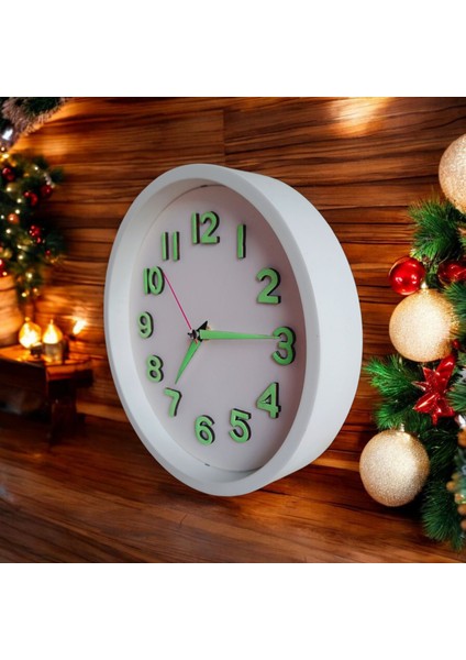 Fosforlu 3D Kabartma Rakam Mini Küçük Saat Duvar Saati Çap 22 cm Beyaz B3