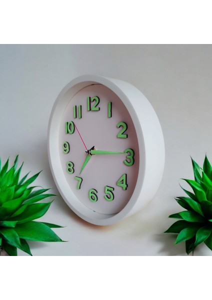 Fosforlu 3D Kabartma Rakam Mini Küçük Saat Duvar Saati Çap 22 cm Beyaz B3