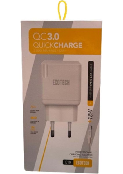 Xiaomi Mi A2-C9 Ile Uyumlu Q.c 18W Şarj Aleti-1 Metre Type C Kablo E19
