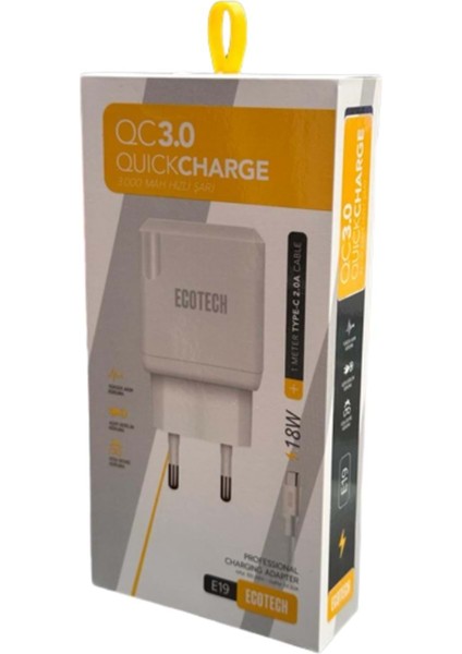 Tecno Pova Neo 2-3 Ile Uyumlu Q.c 18W Şarj Aleti-1 Metre Type C Kablo E19