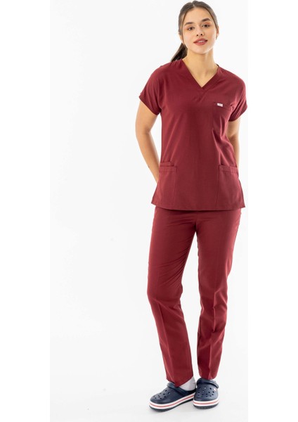 Terikoton Yarasa Kol Doktor Hemşire Forması Alt Üst Takım Bordo (TYRS0003)