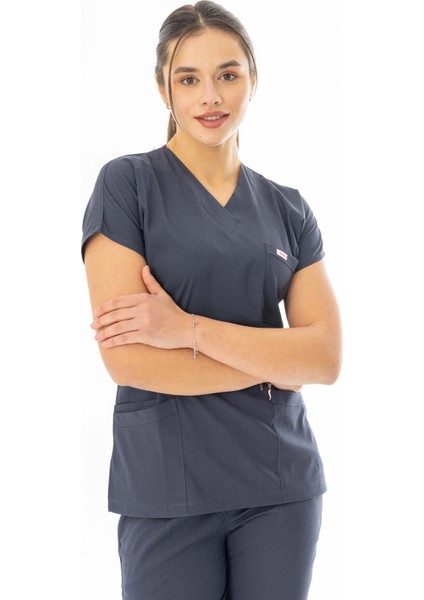 Likra Yarasa Kol Doktor Hemşire Forması Alt Üst Takım Füme Gri (LYRS1006) modelleri