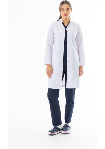 Hakim Yaka Uzun Boy Kadın Doktor Önlüğü Alpaka Kumaş Beyaz (BKO003)