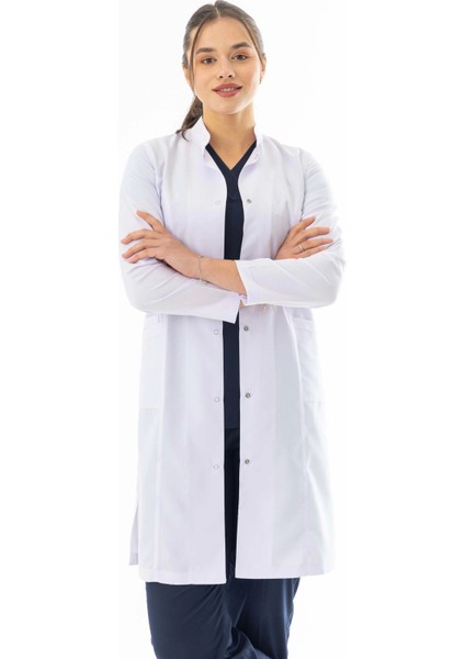 Hakim Yaka Uzun Boy Kadın Doktor Önlüğü Alpaka Kumaş Beyaz (BKO003) modelleri