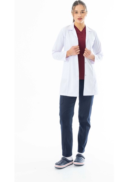 Spor Yaka Orta Boy Kadın Doktor Önlüğü Alpaka Kumaş Beyaz (BKO006)