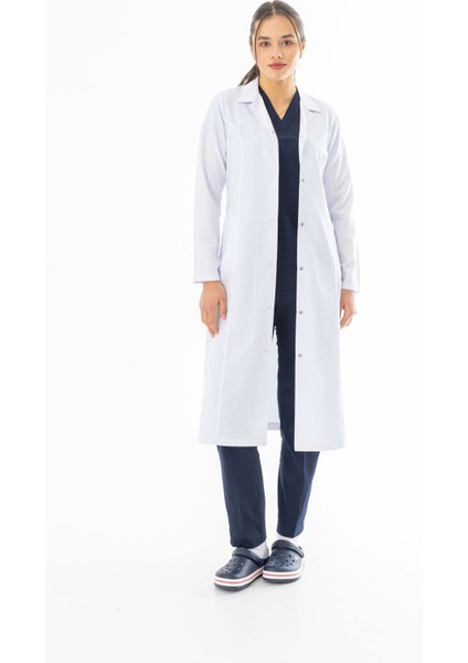 Spor Yaka Maxi Boy Kadın Doktor Önlüğü Alpaka Kumaş Beyaz (BKO008)