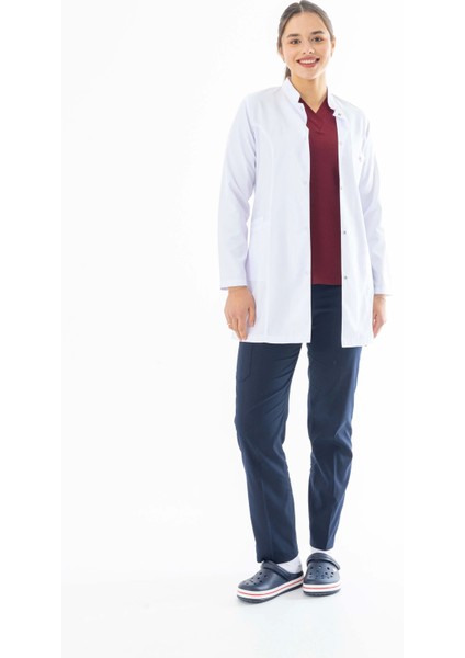 Hakim Yaka Orta Boy Kadın Doktor Önlüğü Alpaka Kumaş Beyaz (BKO002)